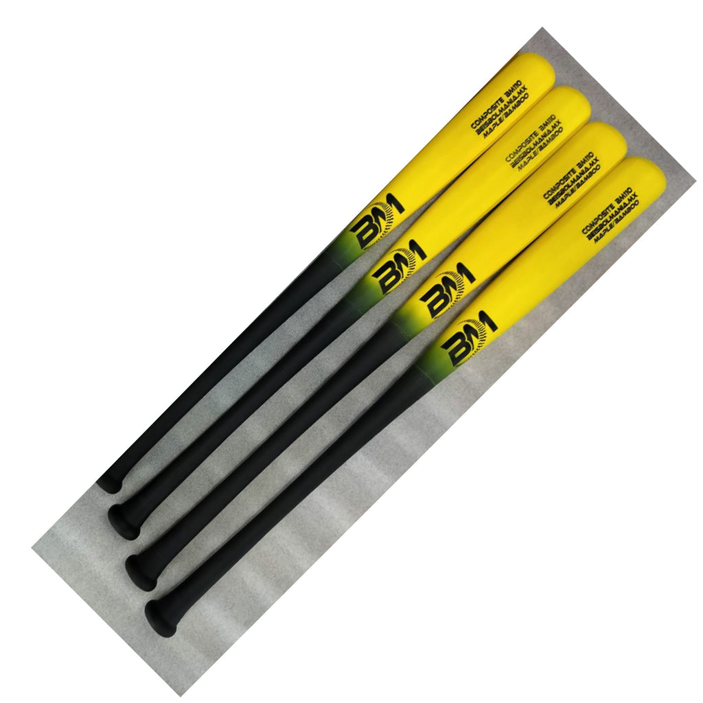 Bat Beisbol Reforzado Con Fibra de Vidrio Beisbolmania Compuesto Maple Bamboo BM110 Negro Amarillo JUVENIL