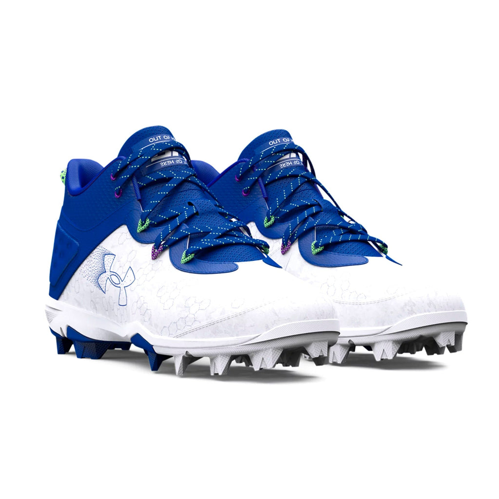 Spikes Beisbol Softbol Under Armour Harper 8 Mid RM Blanco Azul 2024 INFANTIL
